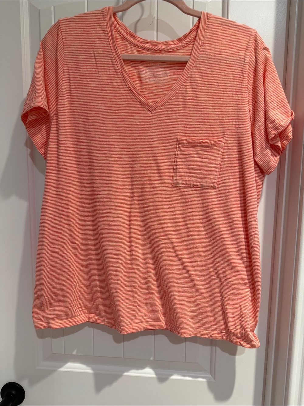 Women's Short Sleeve V-Neck Pocket Tee - Coral Stripe